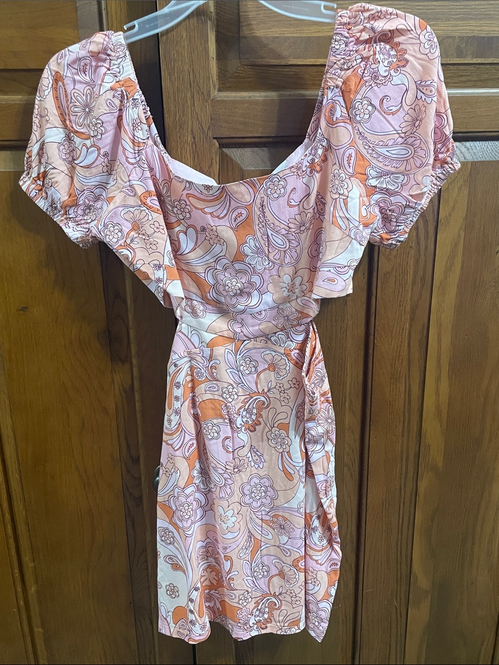 Sky to Moon Floral Paisley Pink & Orange Puff-Sleeve Midi  Dress  NWOT Sz.M